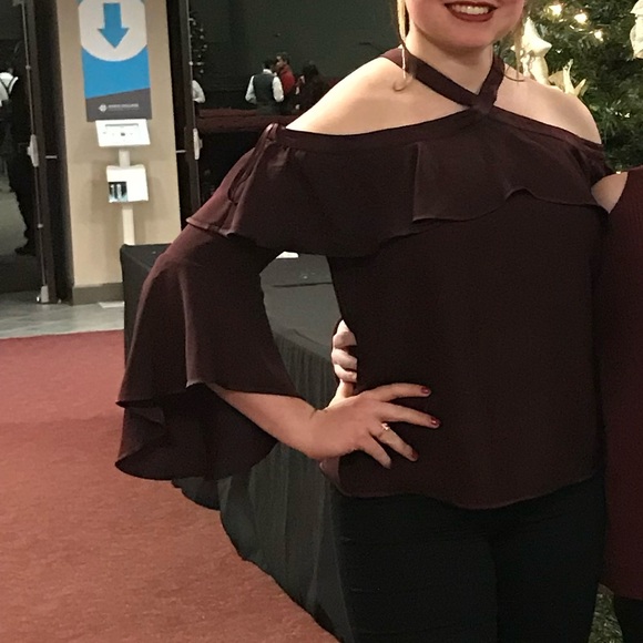 Loft burgundy bell sleeve halter cold shoulder top - Picture 8 of 8